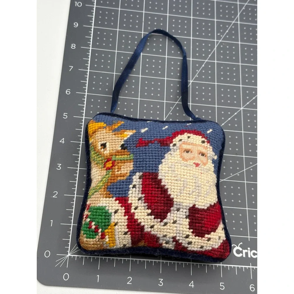 Vintage Needlepoint Santa Claus Reindeer Christmas Ornament Plush Pillow Navy